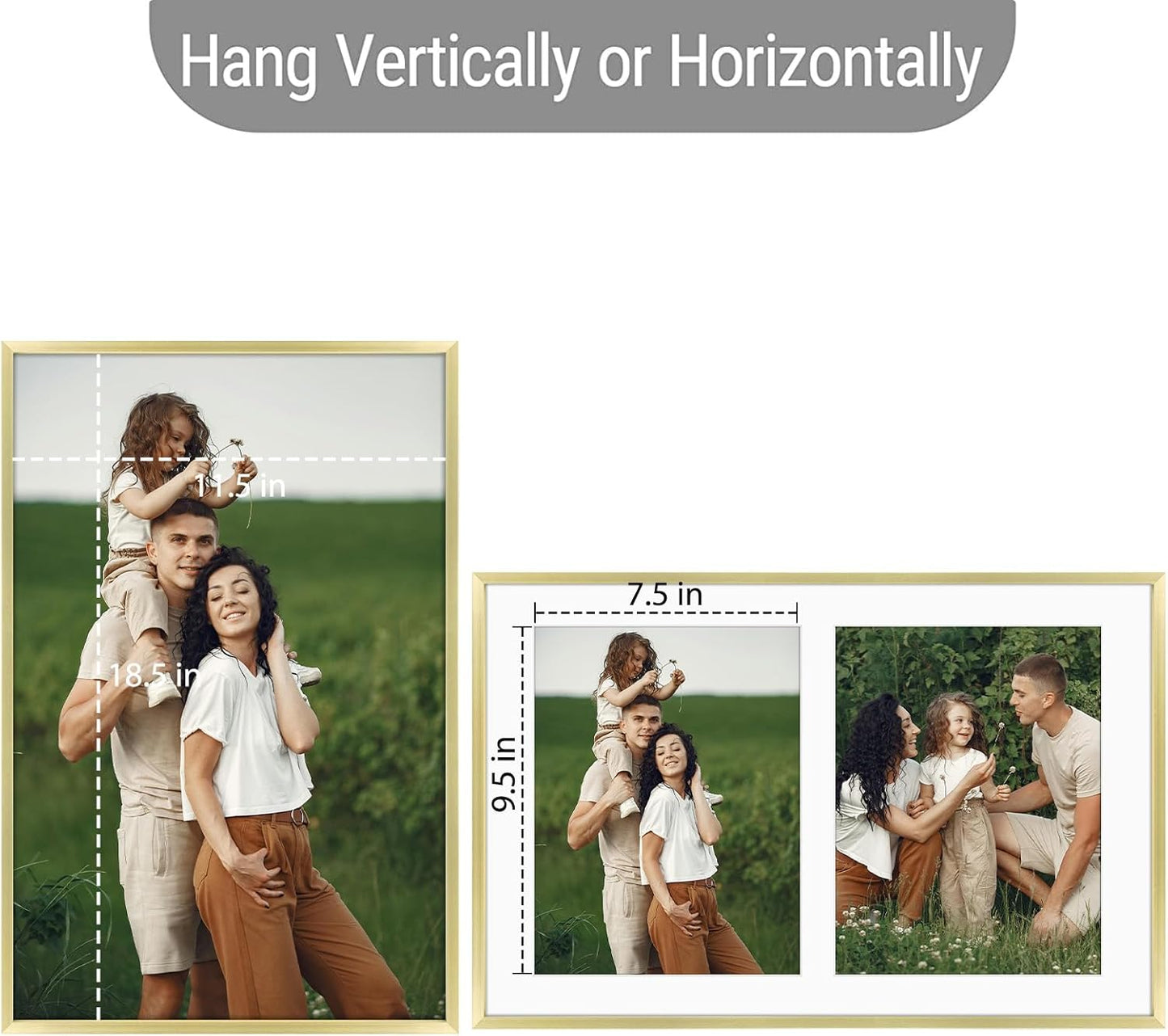 Frametory - 12x19 Aluminum Collage Picture Frame - Display 8x10 Pictures with 2 Openings Mat - Real Glass Front - Horizontal/Vertical Wall Mount - Gold 1 Pack