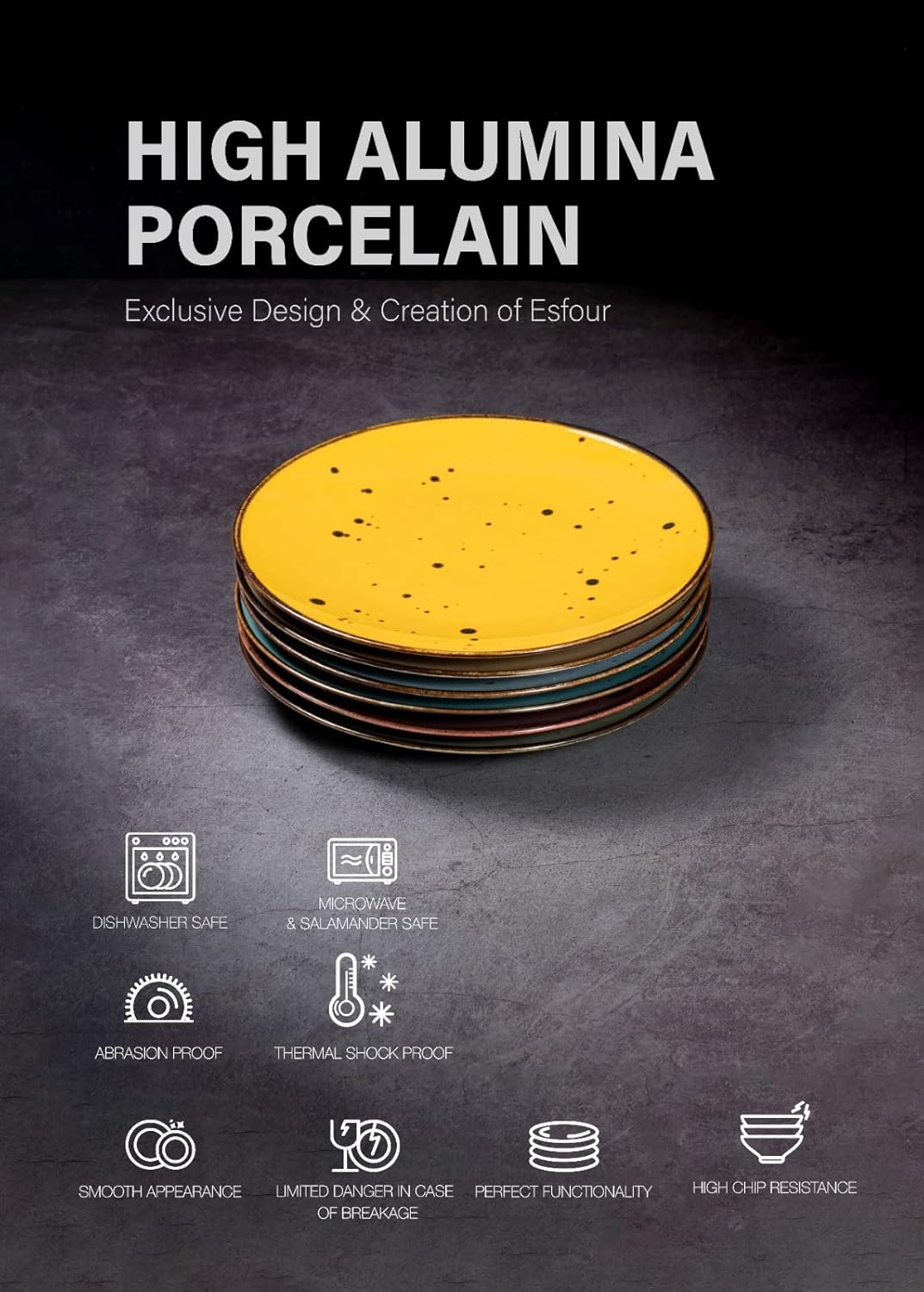 Dessert Plates 8.7 Inch Set of 6 - Microwave, Oven, Dishwasher Safe, Scratch Resistant, Porcelain. Durable Small Dishes for Salad, Dessert, and Side Dishes - Vivid Assorted Colors