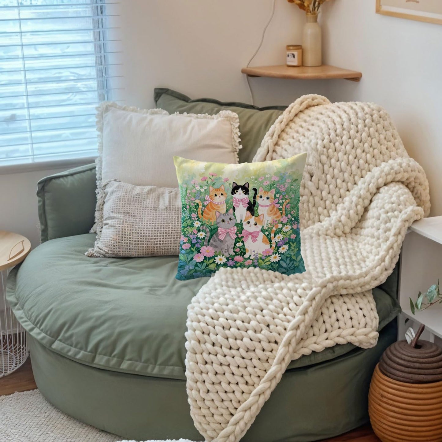 Coquette Pink Bow Cat Pillow Covers 18x18, Cat Room Decor, Cottagecore Wildflowers Cute Kitty Aesthetic Decorative Throw Pillow Covers Pillowcases for Bedroom Living Room Home Decor