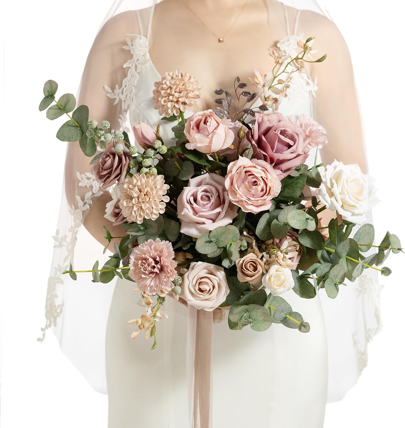 Ling's Moment Dusty Rose Wedding Bouquets for Bride, Pink Bridal Bouquets for Bride, 13 Inch Free Form Artificial Wedding Flower Bouquet