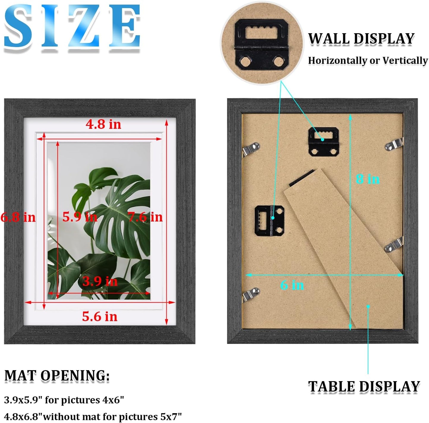 Egofine 6x8 Picture Frames Set of 4, Made of Solid Wood Covered by Plexiglass 4x6 and 5x7 with Mat or 6x8 without Mat, for Table Top Display and Wall Mounting Photo Frame Rustic Black