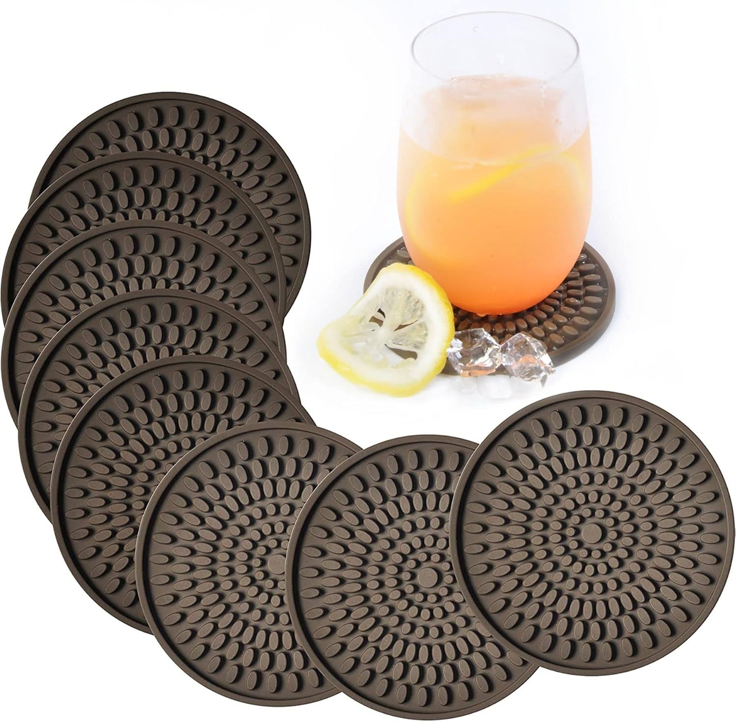 KindGa Coasters for Drinks Absorbent, Rubber Brown Coasters Set of 8, Large Silicone Drink Coaster for Furniture Protection, Deep Tray 4.3 Inch Oval Shape Reusable Heat-Resistant Mat