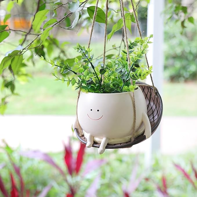 bestbear Hanging Swing Chair Planter Pot Resin Smiley Face Planter for Indoor Outdoor Plant Cute Head Flower Pots for String of Pearls Plant Live Unique IdeaI for Mother Day, Christmas (Large)