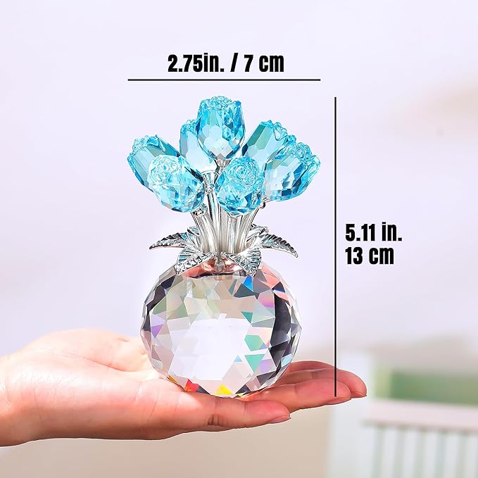 Crystal Light Blue Rose Flower Collectible Figurine, Rose Bouquet Floral Wedding Romantic Gifts for Wife, Mom, Women on Mother's Day, Valentine's, Anniversary, Christmas
