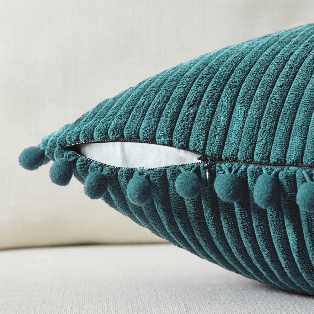 Fancy Homi 22x22 Pillow Covers, 2 Packs Teal Throw Pillow Covers with Pom-poms, Super Soft Corduroy Square Solid Cushion Cover for Couch Sofa Bedroom Living Room 55x55 cm