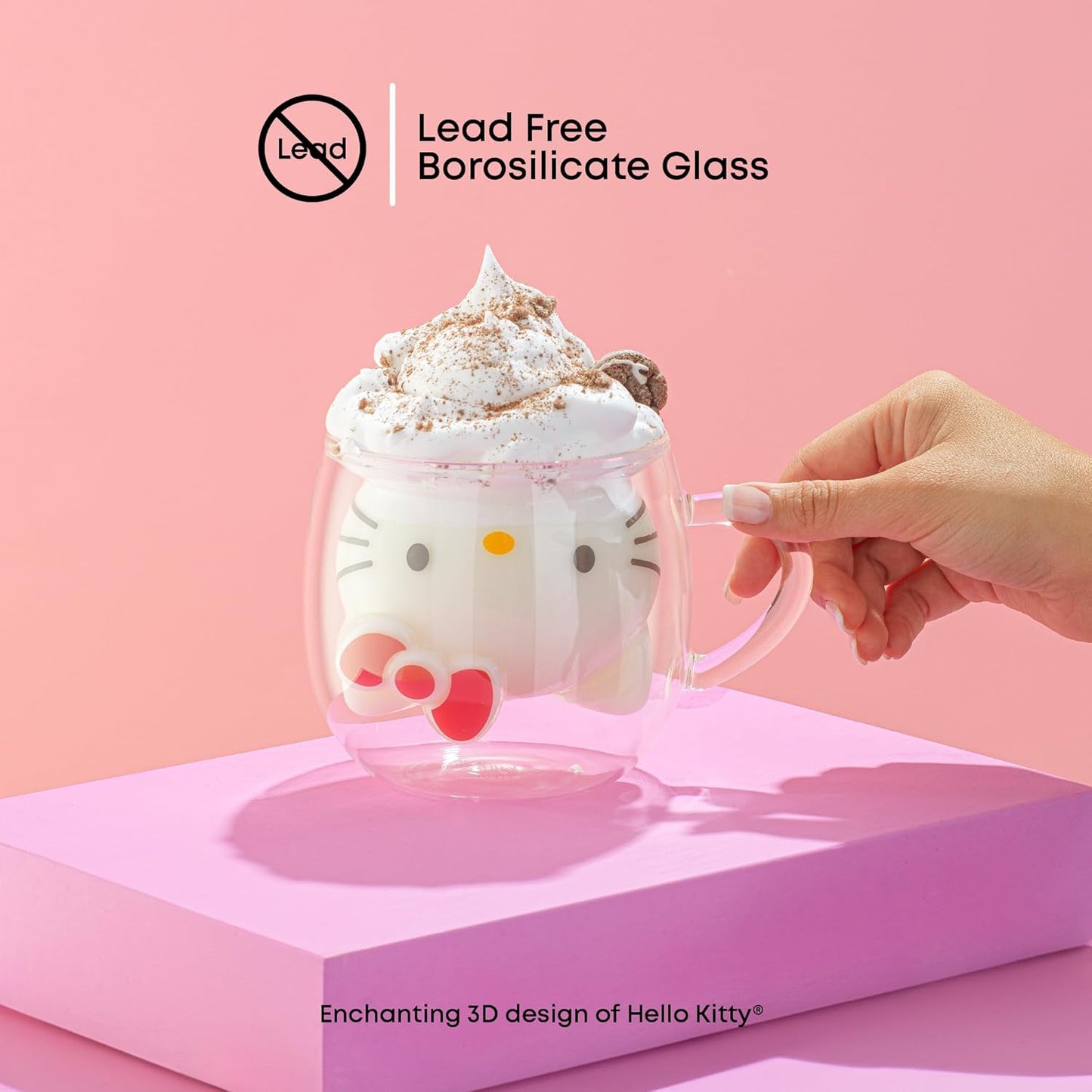 JoyJolt Hello Kitty 3D Coffee Mug, 13.5 oz Double Wall Glass Cup with 3D Design, Insulated Cute Mug for Tea, Latte, or Iced Coffee, Kawaii Sanrio Cup, Hello Kitty Kitchen Stuff