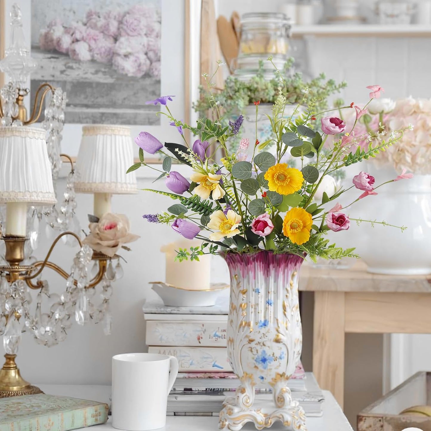 CISDUEO 4 Pcs Wildflowers Artificial Flowers Daisies Roses and Poppies Faux Wildflowers Summer Flowers Artificial for Decoration Spring Silk Floral Arrangement Wedding Party Table Centerpieces Home