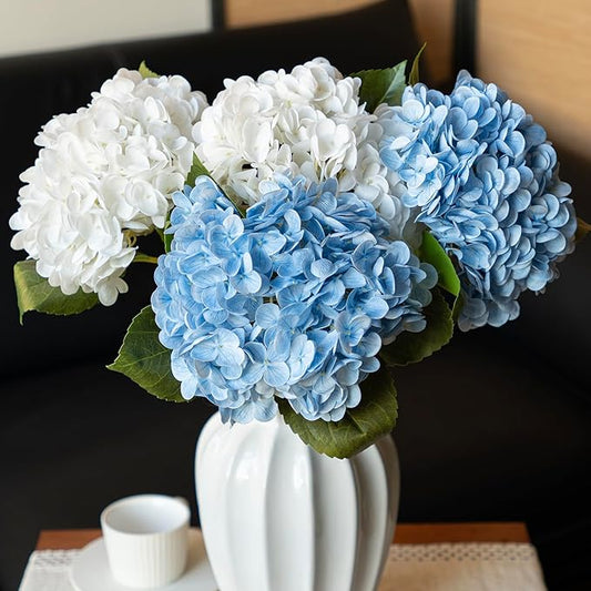 4PCS Artificial Flowers Large Hydrangeas Flowers Latex Bouquet for Wedding Bridal Office Home Party Decoration (2Pcs White+2Pcs Blue)