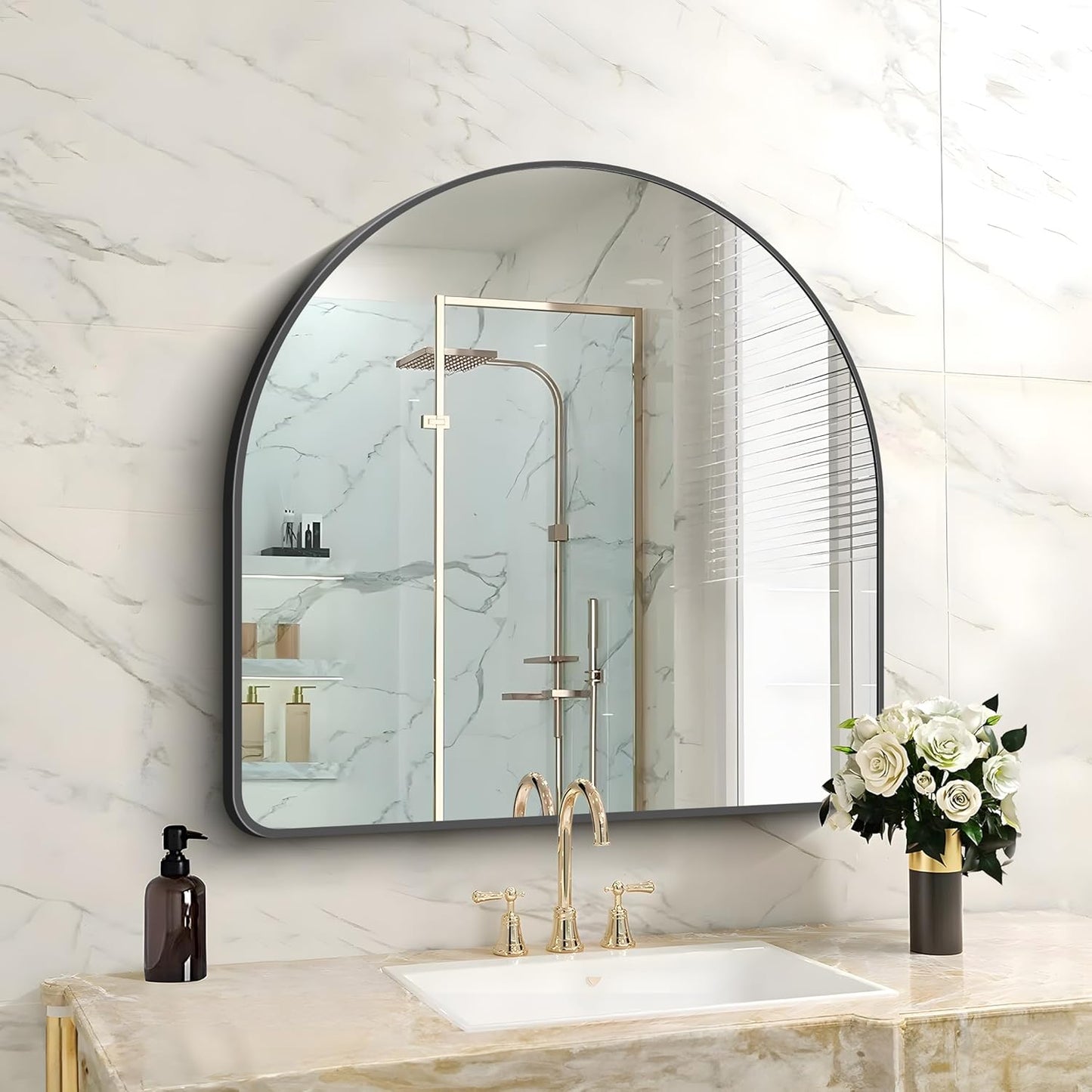 FORBATH Arched Bathroom Mirror 30x30 Inch, Bathroom Mirror Wall Mounted Modern Black Aluminum Frame Decor Dresser Mirror for Bedroom Living Room Entryway, Hanging or Leaning Against Wall