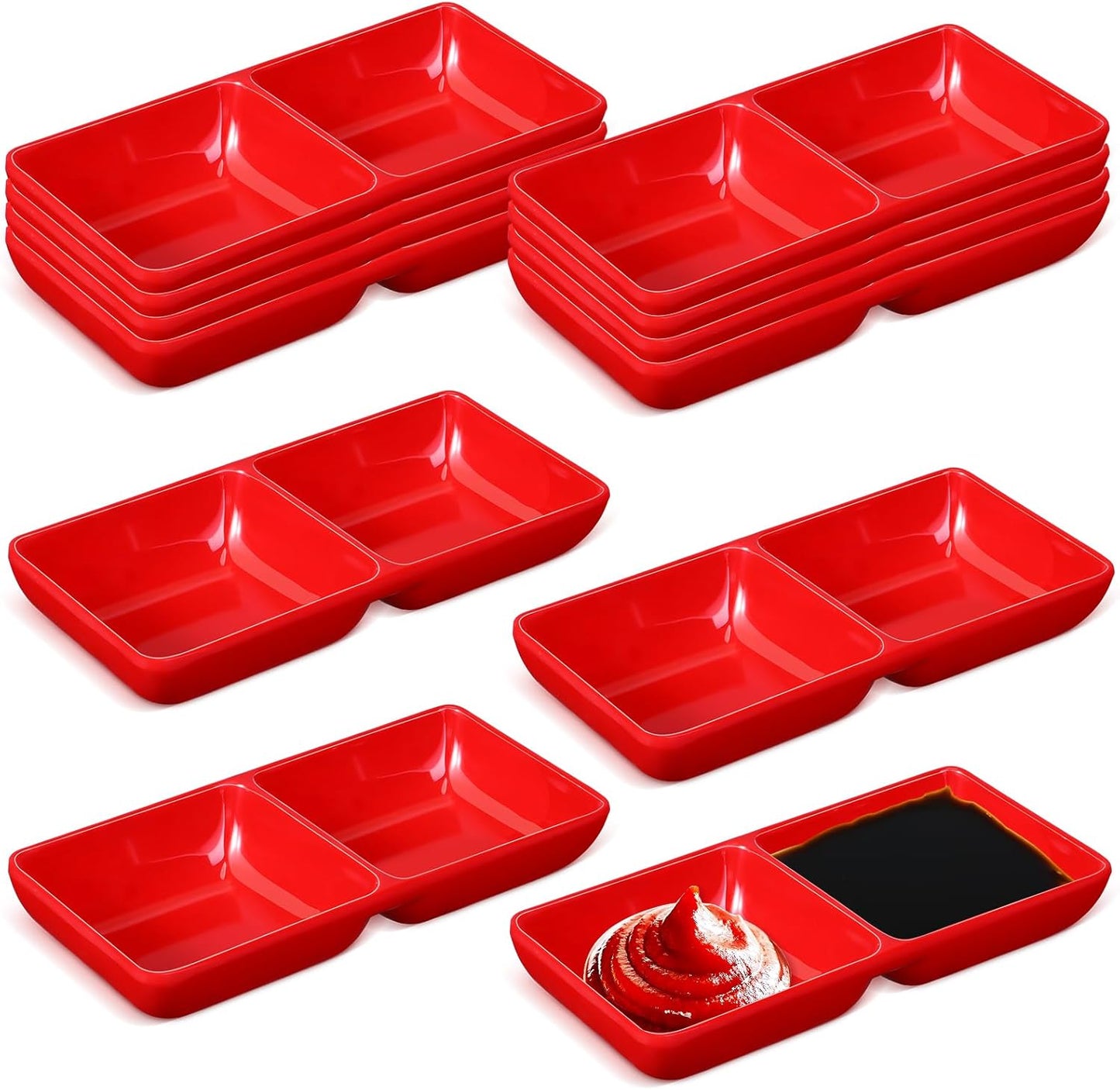 Gejoy 12 Pcs Dual Dipping Sauce Bowls Soy Sauce Dish Bowls Two Compartments Party Trays Divided Fondue Plates for Restaurant Kitchen Sushi Soy (Red)
