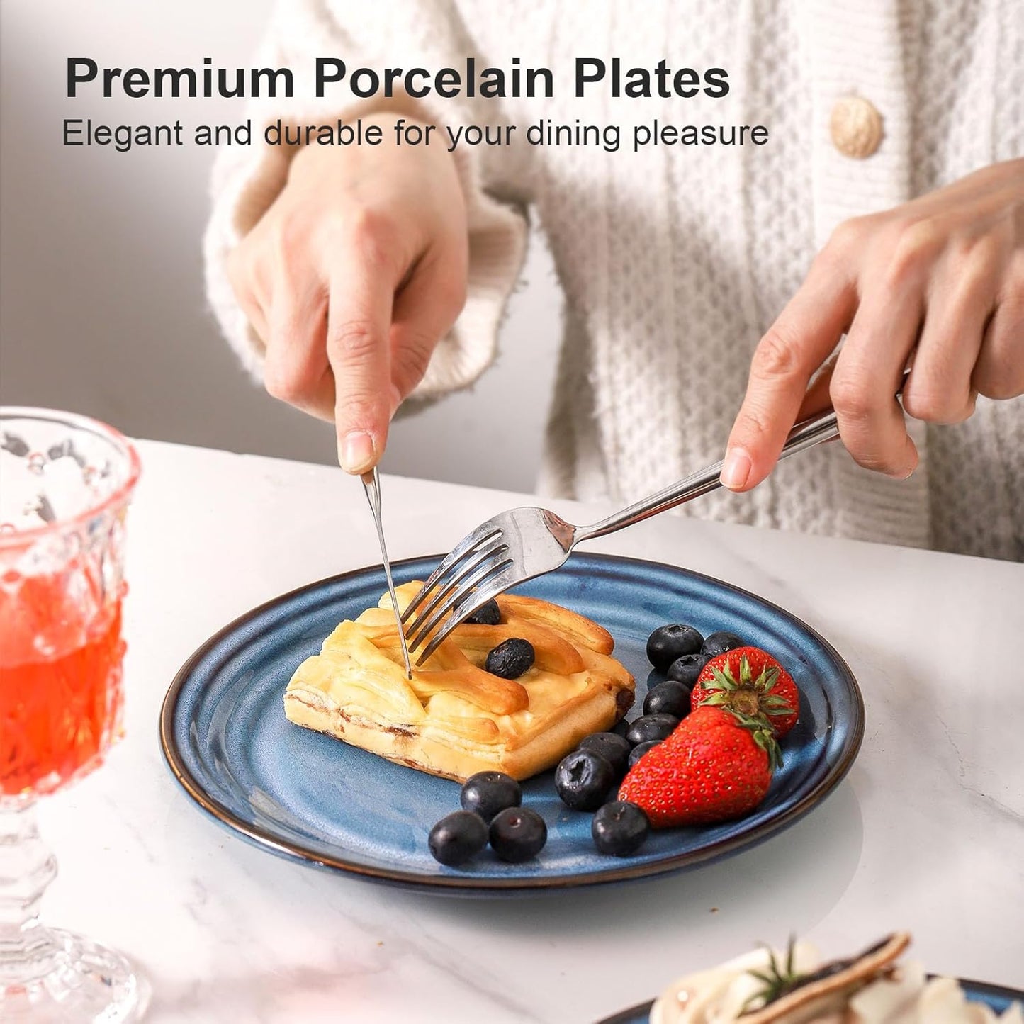 Hasense Dessert Plates Set of 4, 8 Inch Porcelain Salad Dinner Plates Set for Kitchen, Flat Serving Dishes for Appetizer, Pasta, Side Dish, Snack, Microwave and Dishwasher Safe, Blue