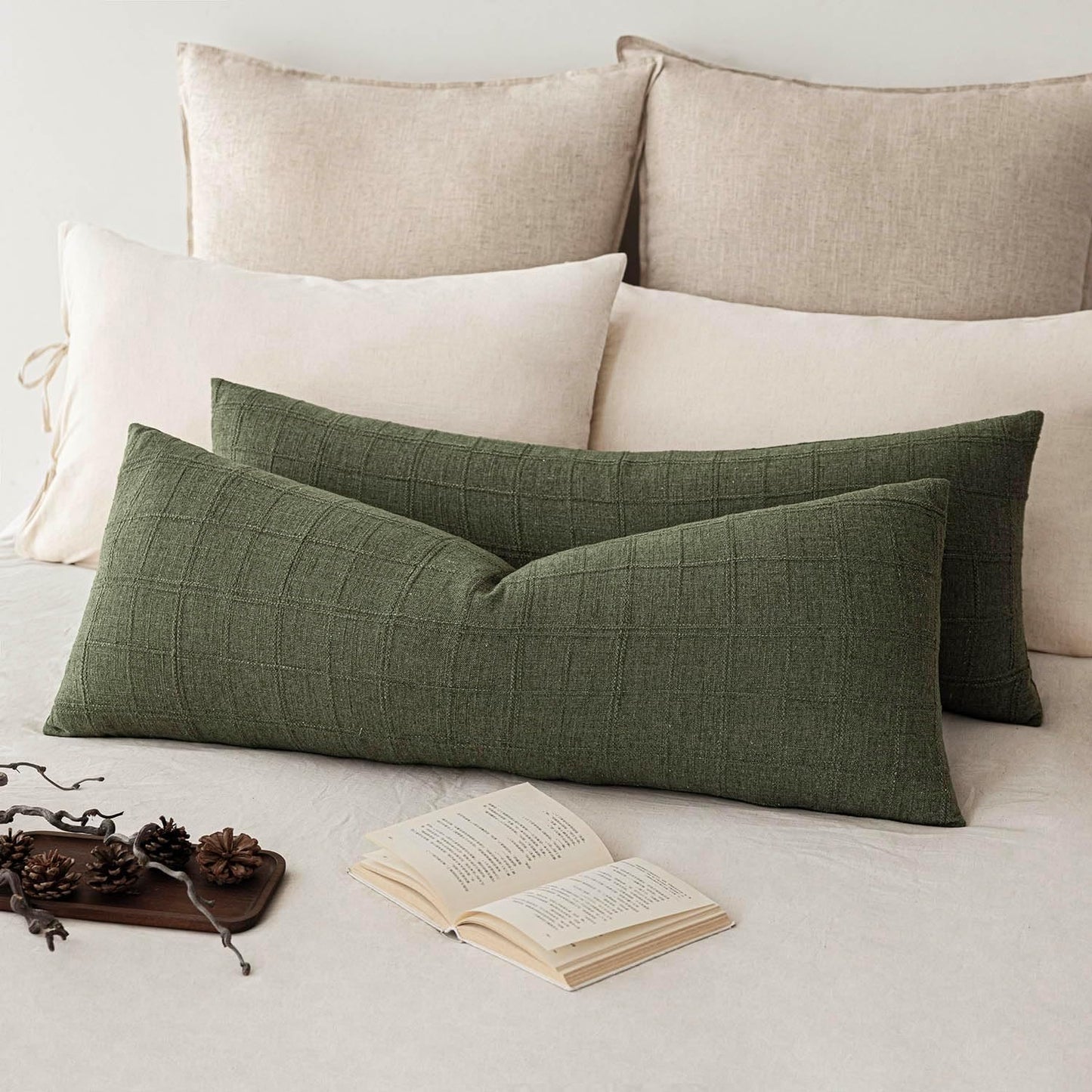 Foindtower Set of 2 Decorative Linen Check Throw Pillow Covers Neutral Farmhouse Lumbar Cushion Covers Modern Boho Home Decor for Sofa Chair Couch Bedroom Living Room,12×24 Inch,Olive Green