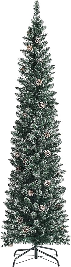 5 ft Pencil Christmas Tree, Slim Flocked Christmas Tree with 214 PVC Branch Tips, 25 Pine Cones & Foldable Metal Stand, Skinny Xmas Trees, Artificial Christmas Tree for Home, Office, Holiday