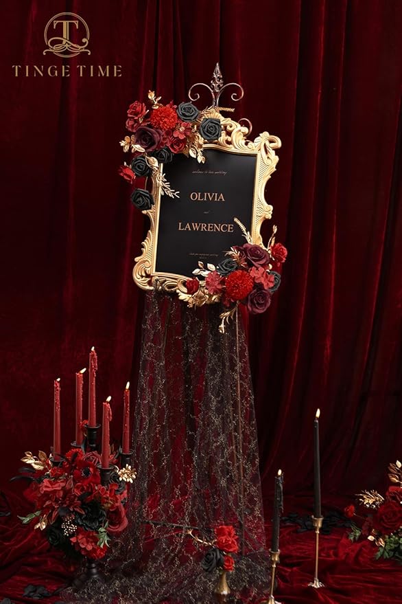 TINGE TIME Rose Artificial Flowers Combo, Gradient Color Faux Foam Roses with Stems for DIY Wedding Bridal Shower Party Table Centerpieces Fake Floral Arrangement Home Decor (Gothic Black & Red)
