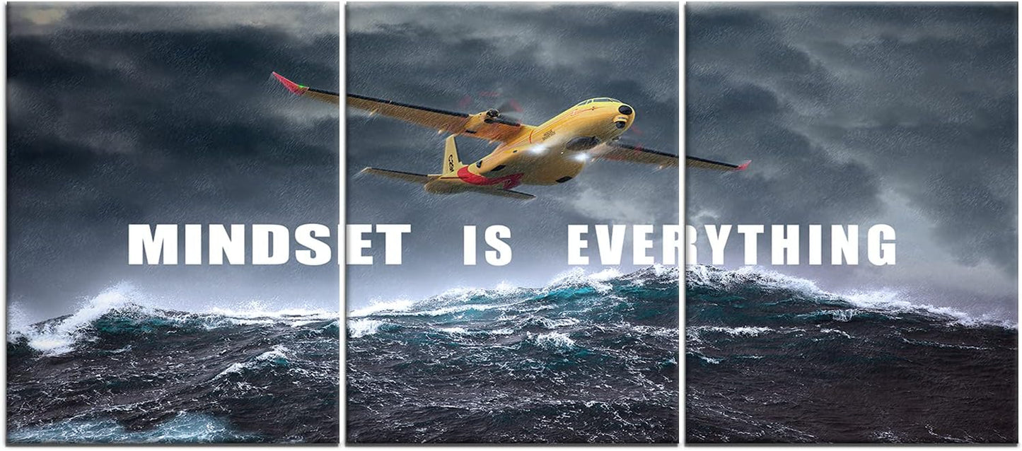 Inspirational Wall Art Rainstorm Airplane Mindset is Everything Canvas Pictures Painting Motivational Posters Inspiring Success Quotes for Office Wall Decor Print Artwork Ready to Hang [36''W x 16''H]