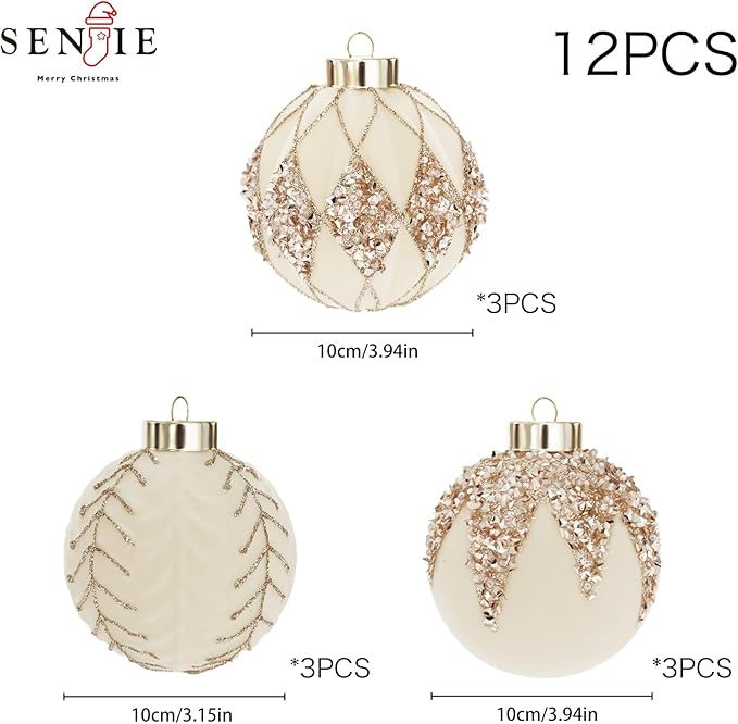 4inch Velvet Ornaments for Christmas Tree, 9PCS Glitter Flocked Christmas Ornaments Decorations Balls Set Decor Beige