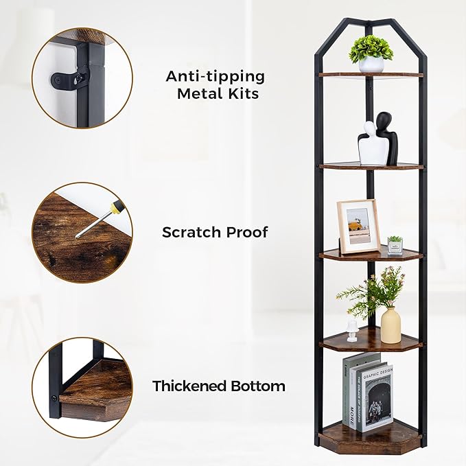 Fun Memories 5 Tier Corner Shelf, 70” Corner Shelf Stand, Corner Bookshelf Plant Stand, Storage Shelf for Bathroom, Living Room, Kitchen,Home Office, Brown