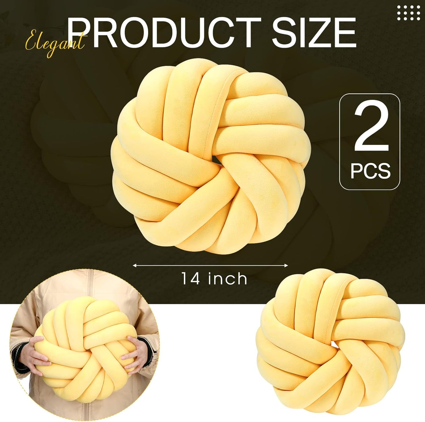 Fumete 2 Pcs 14 Inches Knot Pillow Round Throw Soft Plush Knot Ball Pillow Handmade Knotted Modern Home Decorative Cushion for Bed Bedroom, Sofa, Couch (Yellow)
