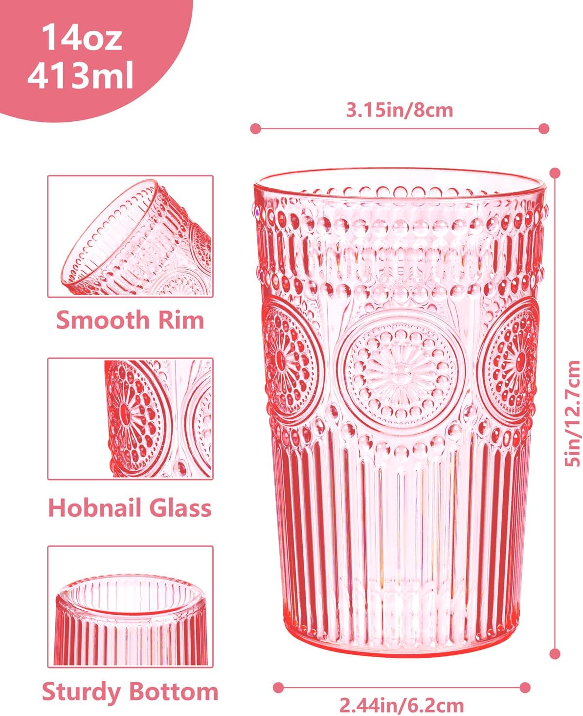 Ciaell 12 Pack Romantic Plastic Water Glasses - 14 Oz Pink Vintage Drinking Glasses, Embossed Ribbed Plastic Cups, Textured Striped Set for Juice, Beverages, Beer, Cocktail