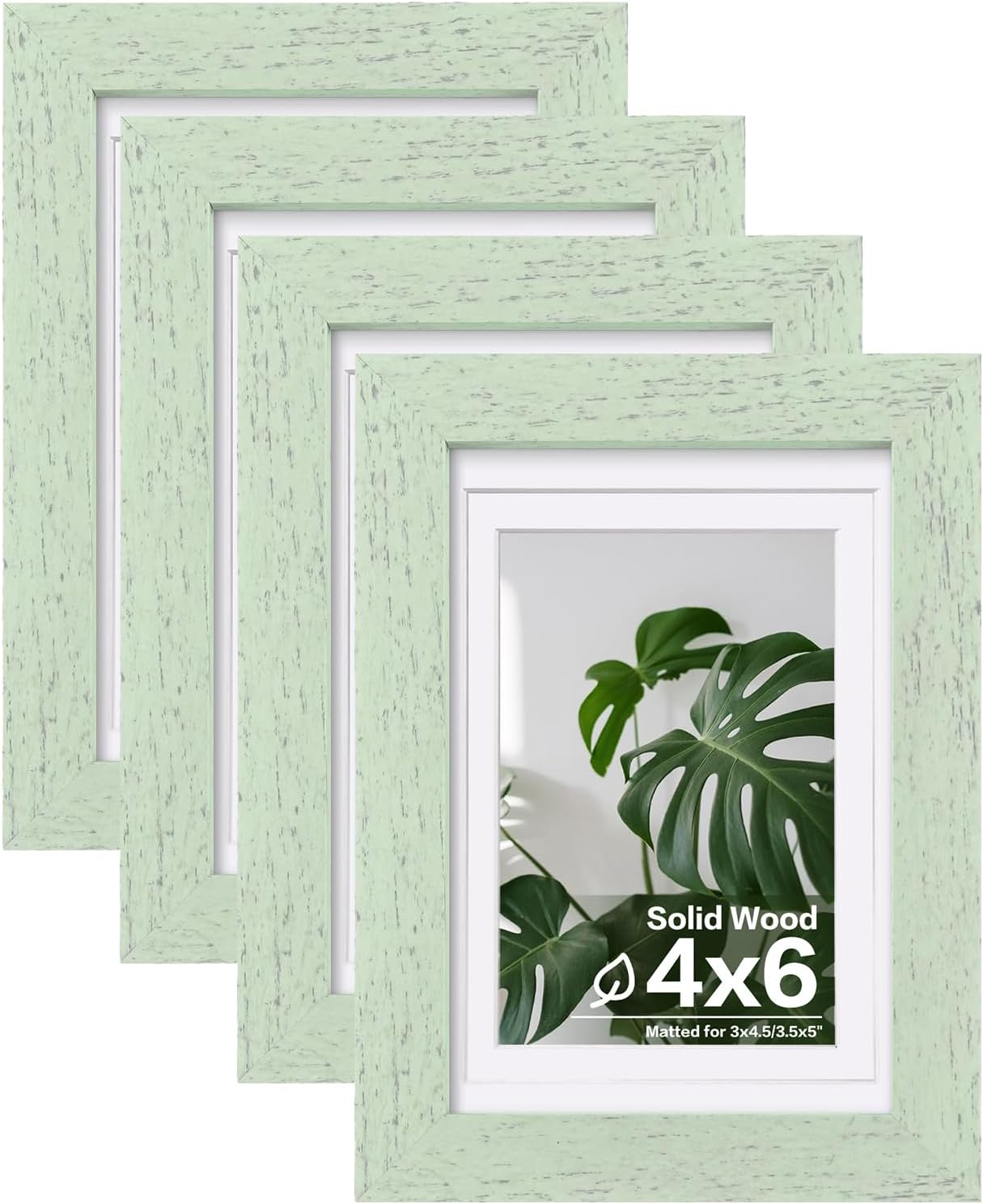 Egofine 4x6 Picture Frames Set of 4, Made of Solid Wood Covered by Plexiglass 3.5x5 with Mat or 4x6 without Mat, for Table Top Display and Wall Mounting Photo Frame Rustic Green