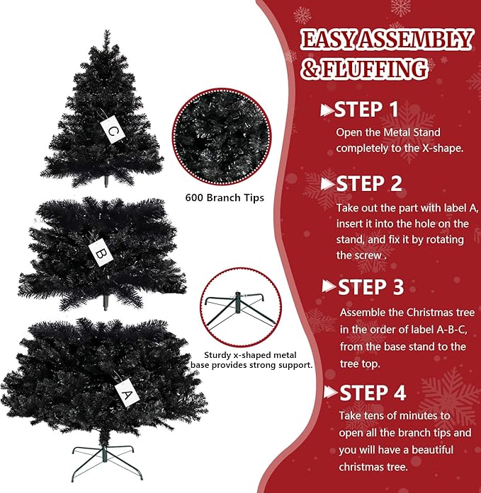 ULICO 5ft Artificial Black Christmas Tree,Premium Spruce Xmas Tree with 600 Branch Tips, Fake Christmas Tree with Foldable Metal Base Stand,Home, Office,Party Decoration