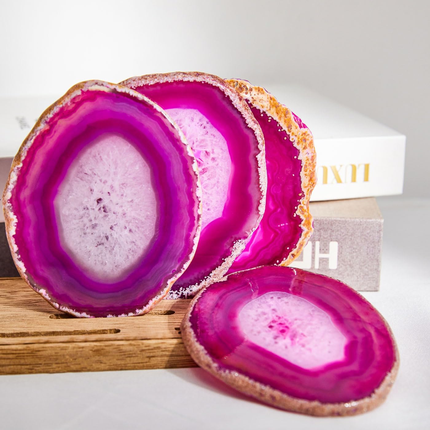 Luxury Lane Set of 4 Large Natural Brazilian Agate Slice Geode Rock Stone Drink Coasters with Wood Holder 4.3-4.7 inch Centerpiece Table Decoration, Rose Pink