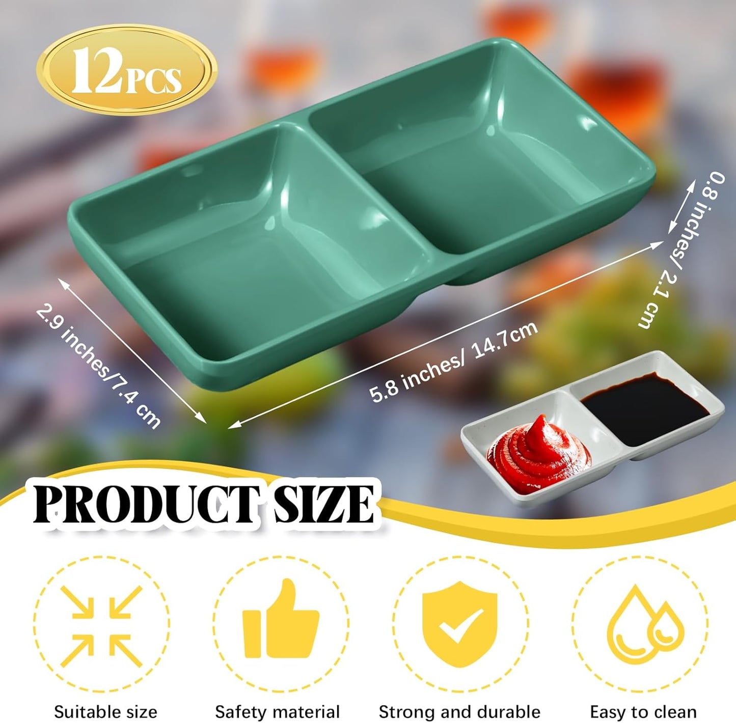 Gejoy 12 Pcs Dual Dipping Sauce Bowls Soy Sauce Dish Bowls Two Compartments Party Trays Divided Fondue Plates for Restaurant Kitchen Sushi Soy (Multicolor)