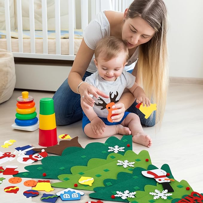 3.2 Ft Felt Christmas Tree for Toddlers with 32 Detachable Ornaments and String Lights, Xmas Gifts, Door Wall Hanging Decorations Indoor