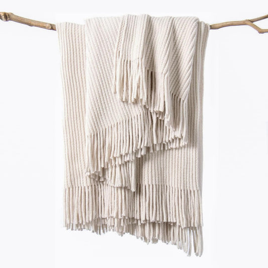 lifein Throw Blanket for Couch, Soft Boho Decor Bed Throw,Cozy Blue Chenille Knitted Small Farmhouse Lightweight Throw for Autumn(White,50 * 60")