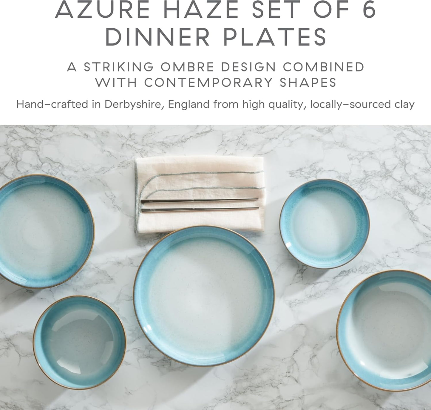 Denby - Azure Haze Coupe Dinner Plates Set of 6-10.25 Inch - Dishwasher Microwave Oven Safe - Reactive Blue Teal Glaze Large Ceramic Stoneware Plates - Scratch Chip Resistant