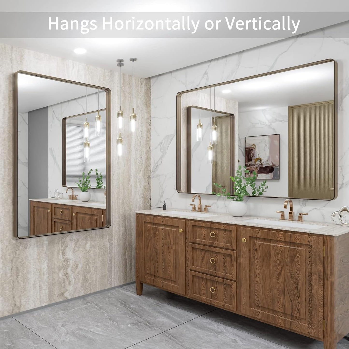 LOAAO 48”X36” Bronze Bathroom Mirrors for Vanity, Rounded Rectangle Brushed Bronze Metal Frame Mirror, Anti-Rust, Tempered Glass, Hangs Horizontally or Vertically