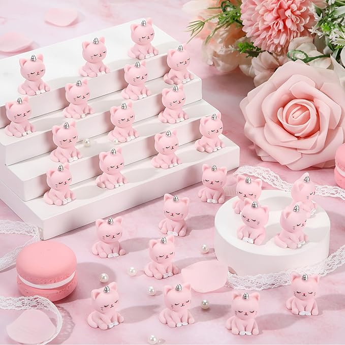 50 Pcs Mini Unicorn Cat Figurines Mini Resin Figurines Little Pink Cat Figurine to Hide for Fairy Garden Decor, Dollhouse, Cake Topper, Birthday Party Gifts