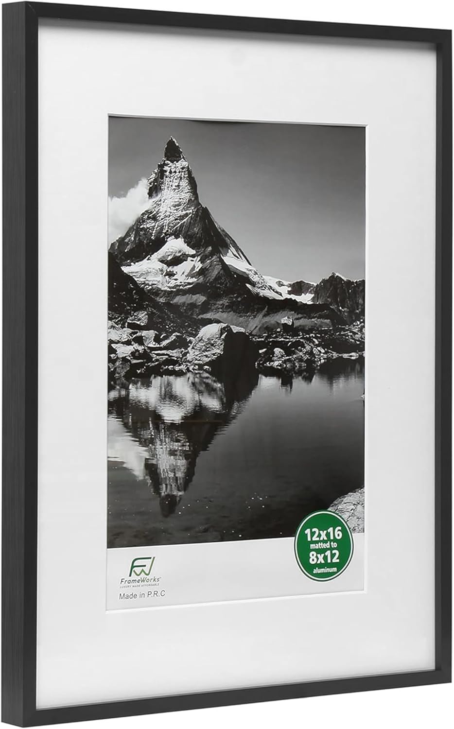 FrameWorks 12x16 Matted to 8x12 Picture Frame – Aluminum Frame w/Tempered Glass, Removable Mat for Photos, Posters, Art, Stylish Wall Frame for Home Decor, Gallery Walls, Office, Living Room - Black