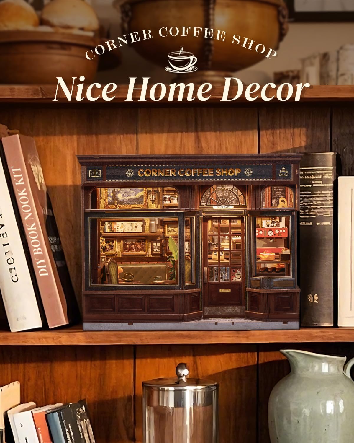 Cutefun Book Nook Kit - DIY Miniature Doll House Kit, Book Nook Kits for Adults, 3D Wooden Puzzle Bookend Bookshelf with LED Light for Cafe Crafts Lovers (Corner Coffee Shop)