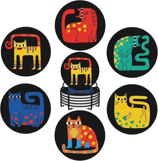 Cute Colorful Cat Absorbent Drink Coasters with Holder, Set of 6 Ceramic Coasters with Cork Base for Table Decor