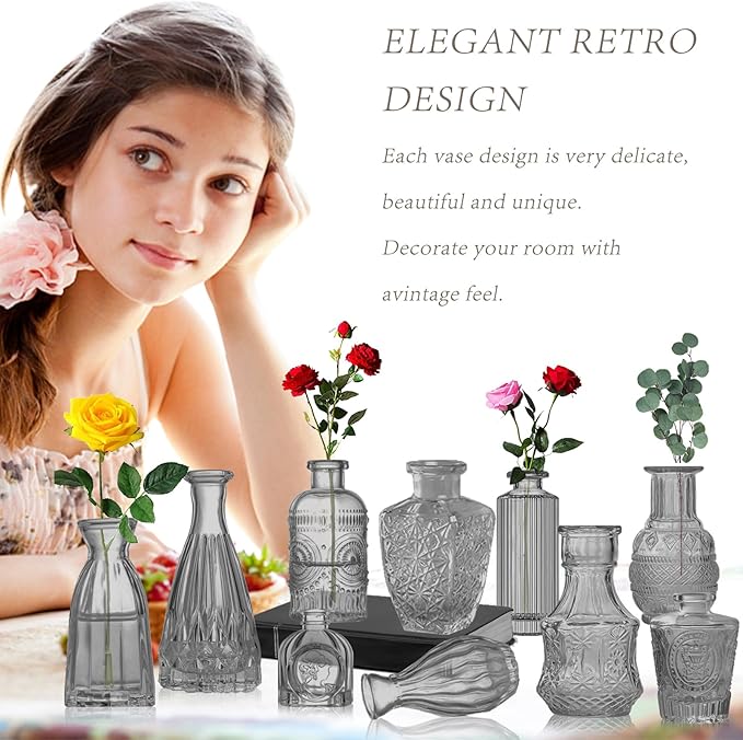 Dark Gray Bud Vases Set, 24 Pcs Vintage Small Vases for Flowers, Clear Crystal Mini Glasses in Bulk, Small Flower Design for Centerpieces Wedding Home Flower Party Decor