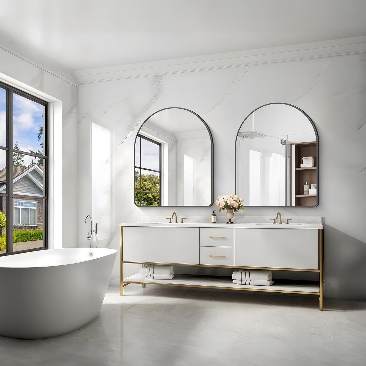 FORBATH Arched Mirror 40x32 Inch, Black Arched Bathroom Mirror Wall Mounted Modern Black Aluminum Frame Decor Large Dresser Mirror for Bedroom Living Room Entryway, Hanging or Leaning Against Wall