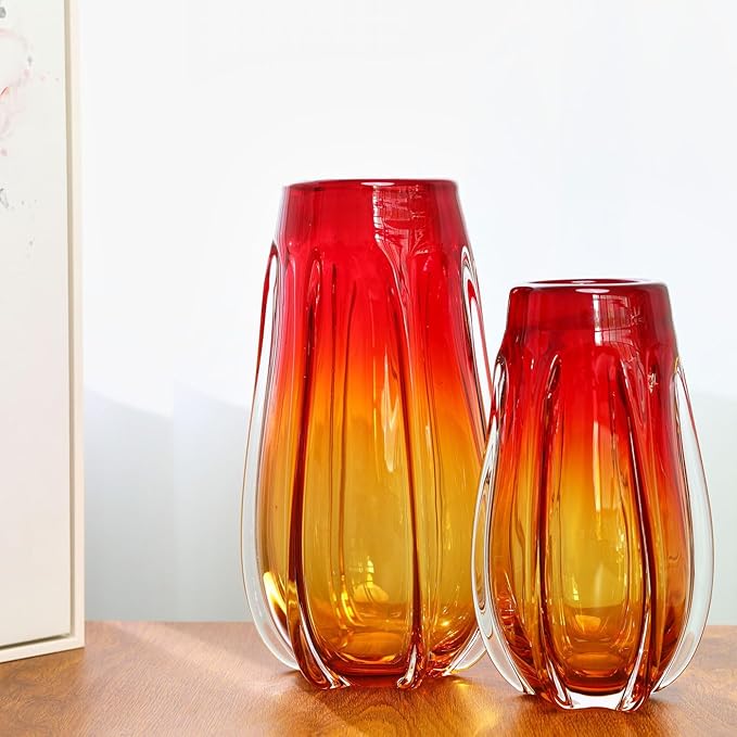 Luxury Lane Hand Blown Laine Sommerso Art Glass Vase for Home Decor 12.5 inch Tall Centerpiece Table Decoration