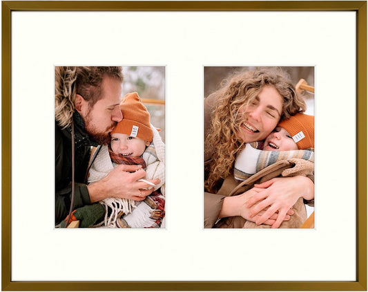 Frametory - 11x14 Aluminum Collage Picture Frame - Display 5x7 Pictures with 2 Openings Mat - Real Glass Front - Horizontal/Vertical Wall Mount - Bronze 1 Pack