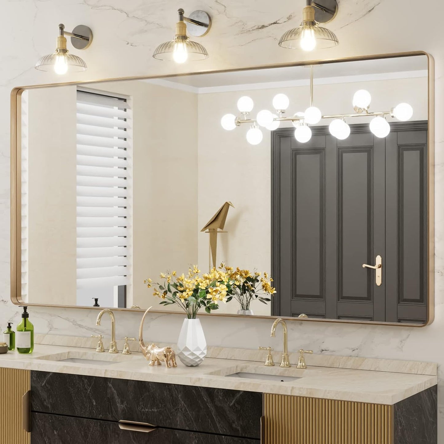 LOAAO 72”X36” Gold Bathroom Mirror, Rounded Rectangle Gold Frame Mirror, Brushed Gold Bathroom Vanity Mirror Wall-Mounted, Anti-Rust, Tempered Glass, Hangs Horizontally or Vertically