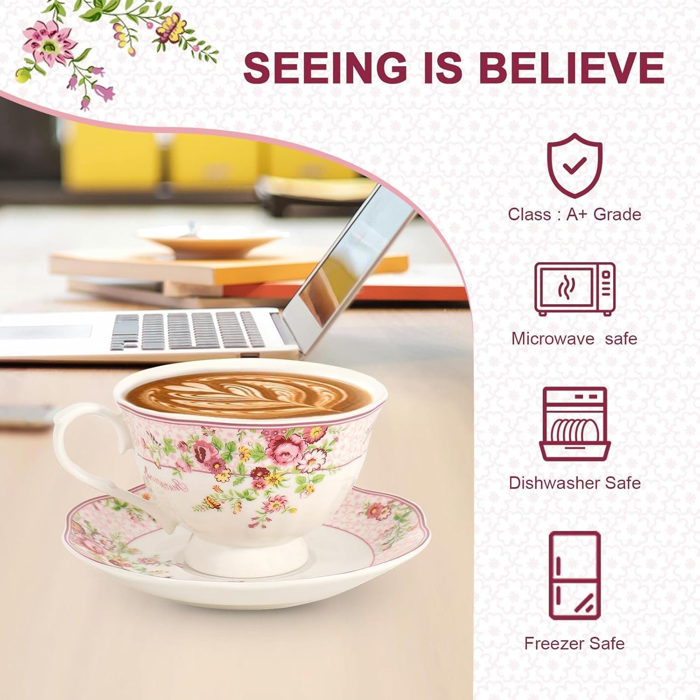 Cup and Saucer Sets of 2 with Spoon, 8oz Large Tea Coffee Cups and Saucers New Bone China Floral Vintage Cup & Saucer Sets Porcelain Tea Latte Mugs -Microwave Dishwasher Safe