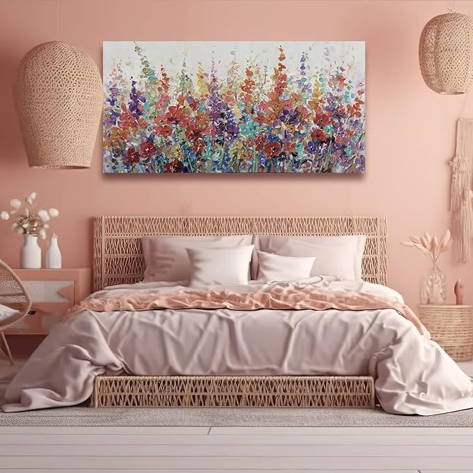 XIANSHOU Pink and Gold Wall Art Flowers Picture Textured Wall Art for Bedroom Living Room Office Girls Room Wall Decoration 29"x 58"