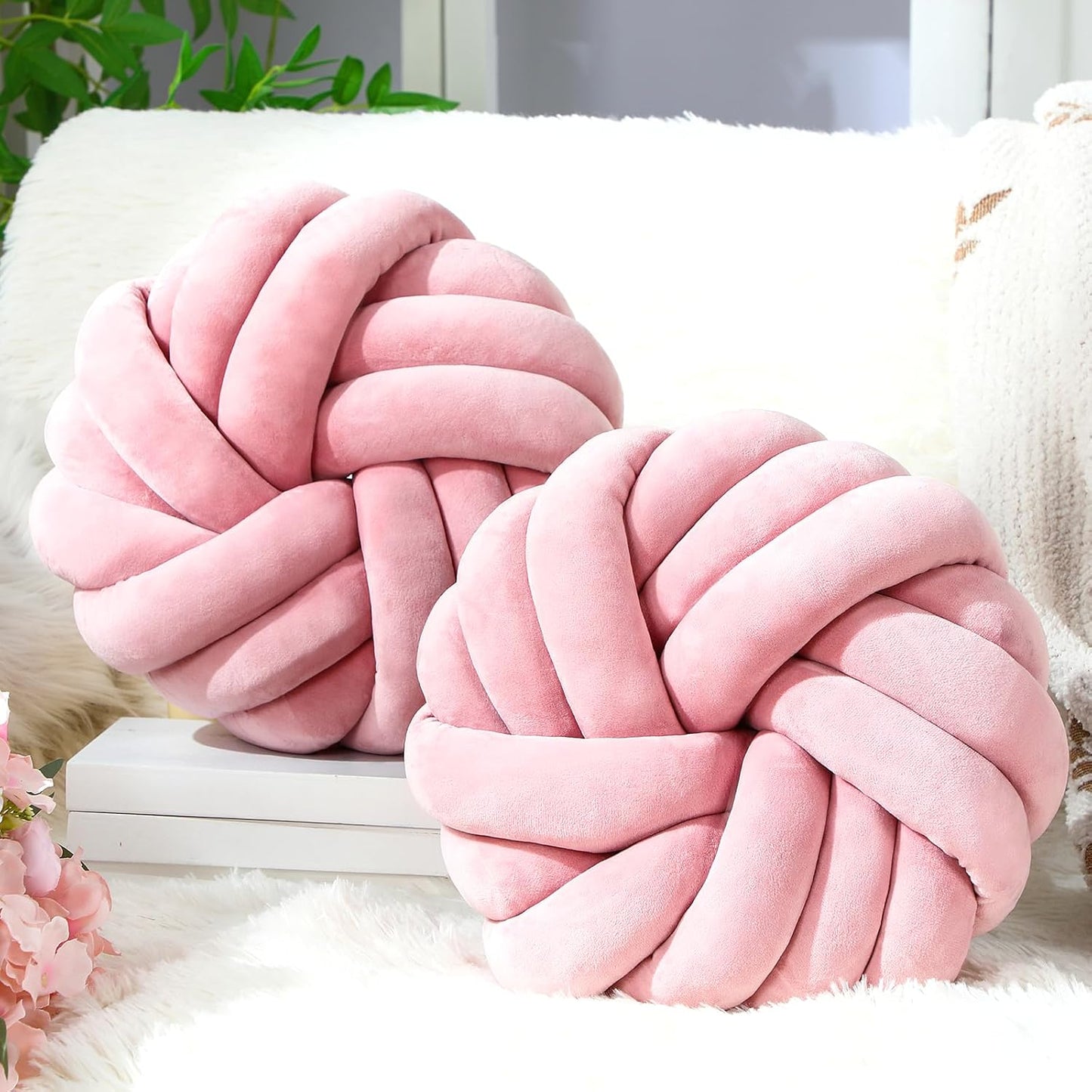 Fumete 2 Pcs 14 Inches Knot Pillow Round Throw Soft Plush Knot Ball Pillow Handmade Knotted Modern Home Decorative Cushion for Bed Bedroom, Sofa, Couch (Light Pink)