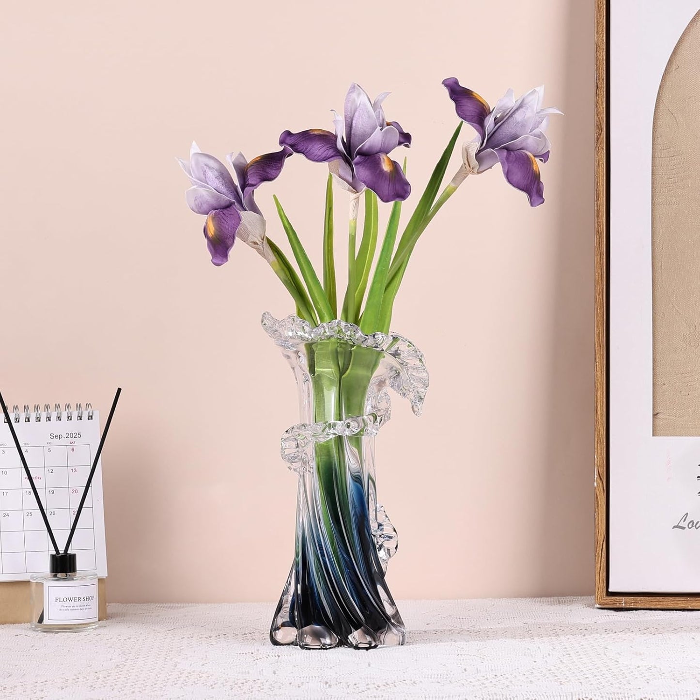 Blue White Clear Wave Vases Gradient, Murano Hand Blown Glass Vase Unique Art Decorative, for Ocean Themed Coastal Home Centerpiece Modern Office Entrance Table Creativity