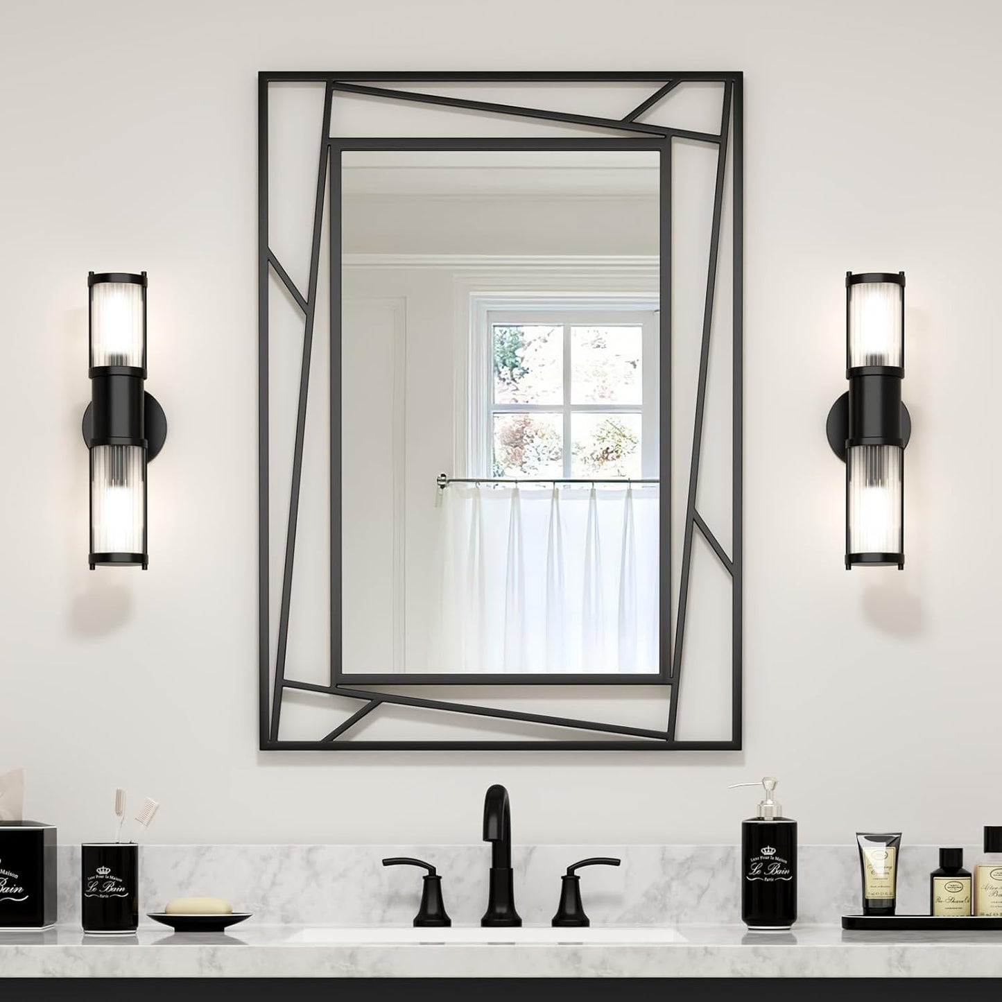 Black Bathroom Mirror for Wall 28''X20'' Matte Black Rectangle Wall Mirror with Geometric Metal Frame, Anti-Rust, Hang Horizontally or Vertically