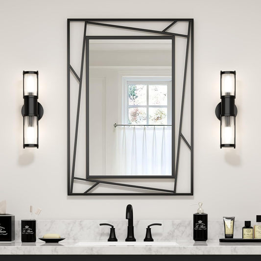 Black Bathroom Mirror for Wall 28''X20'' Matte Black Rectangle Wall Mirror with Geometric Metal Frame, Anti-Rust, Hang Horizontally or Vertically
