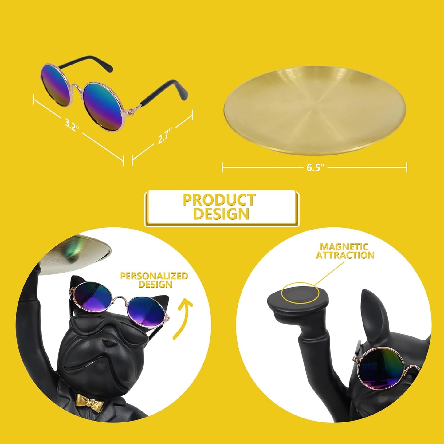 French Bulldog Tray Statue, Black Frenchie Sculpture with Gold Tray for Entrance Coffee Table Décor, Dog Key Holder Jewelry Trays