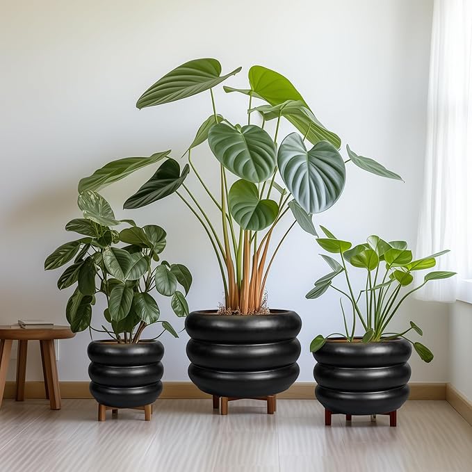 SQOWL Ceramic Pot for Plants 8 Inch - Indoor Plant Pot with Drainage Hole Planter for Outdoor Plants Modern Flower Pot Round Planter for House Home Decor Living Room Black