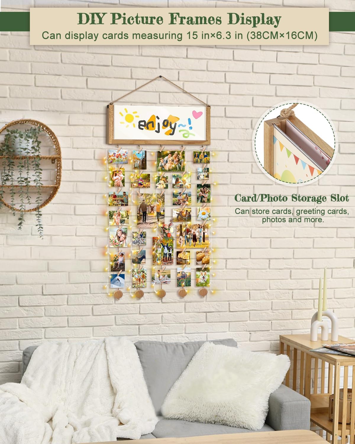 Bikoney Rustic Picture Frames Collage Wall Decor - Happy Birthday Banner Photo Hanging Display for Dorm Room Home with Gift Card Storage and 30 Clips