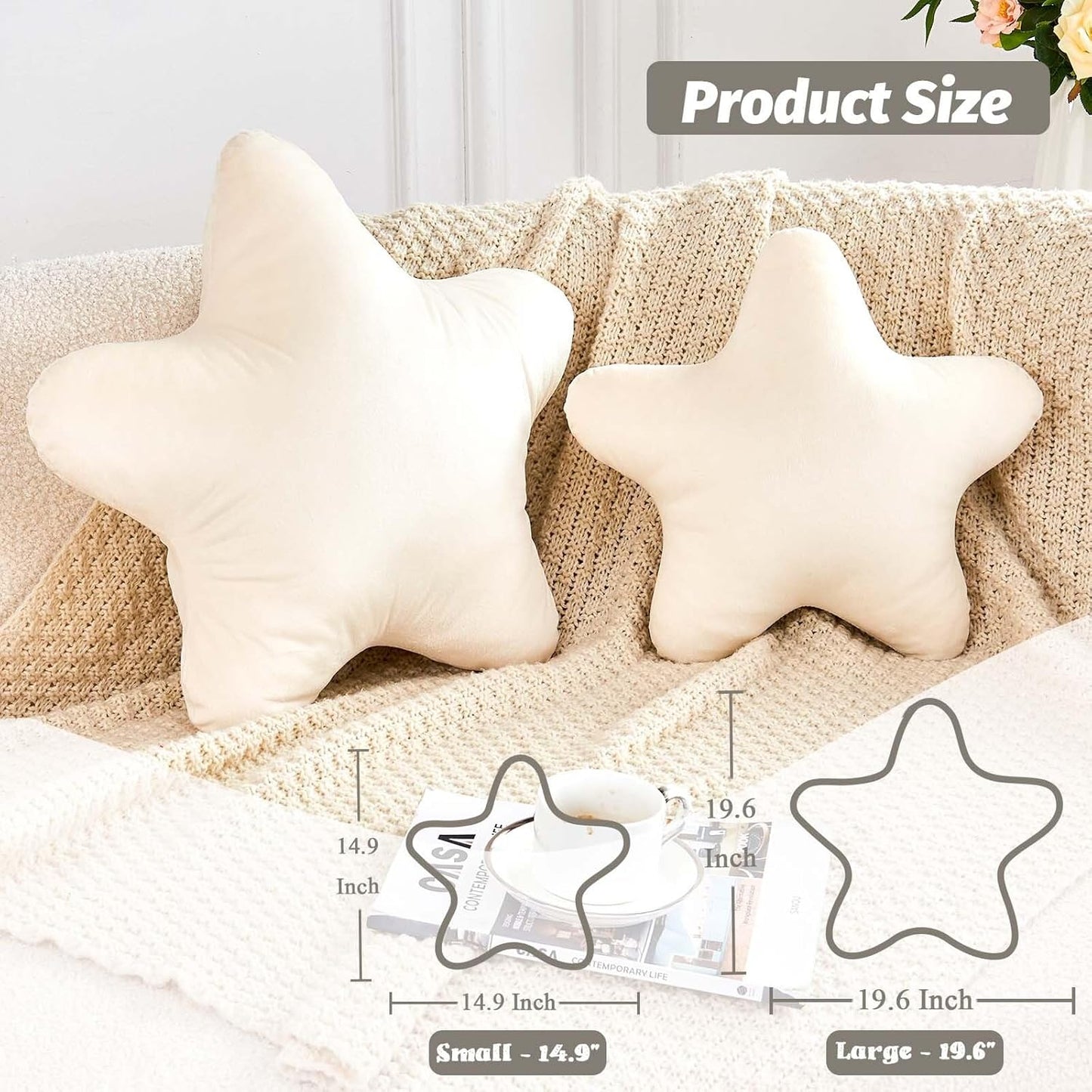 Beige Star Throw Pillow, Cute Star Pillow Room Decor, Soft 14.9" Star Shaped Decorative Throw Pillow for Bedroom, Star Plush Floor Cushions Pillows
